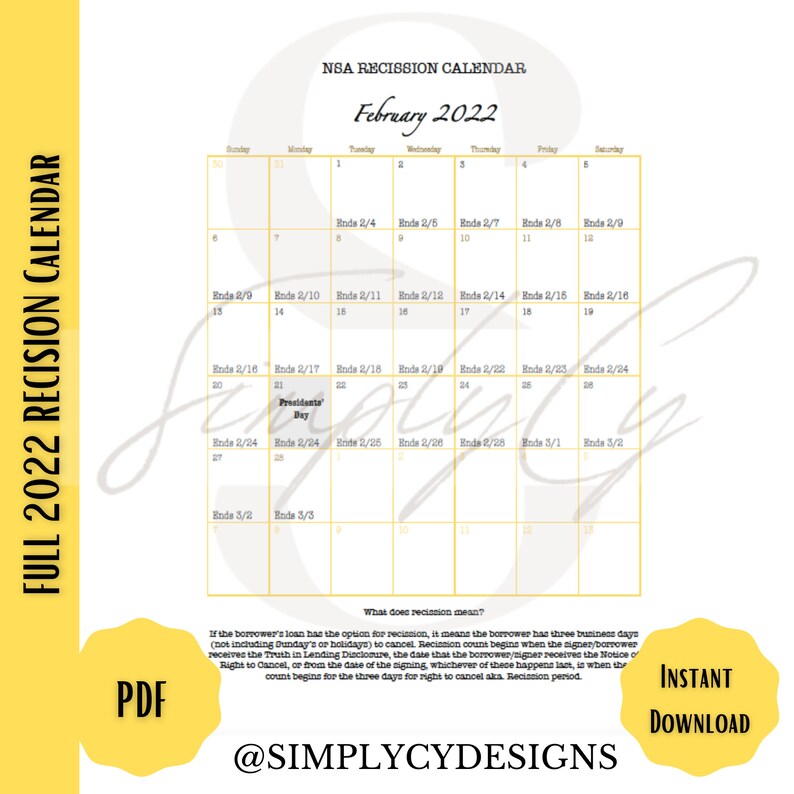 Printable 2022 Rescission Calendar Notary Signing Agent | Etsy