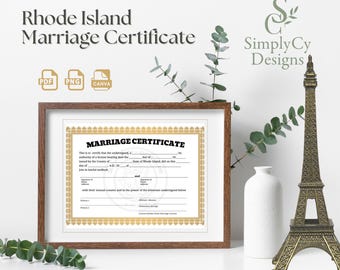 ロードアイランド州の結婚証明書テンプレート – 印刷可能な結婚記念品または偽造許可証 – 金枠付きCanvaテンプレート