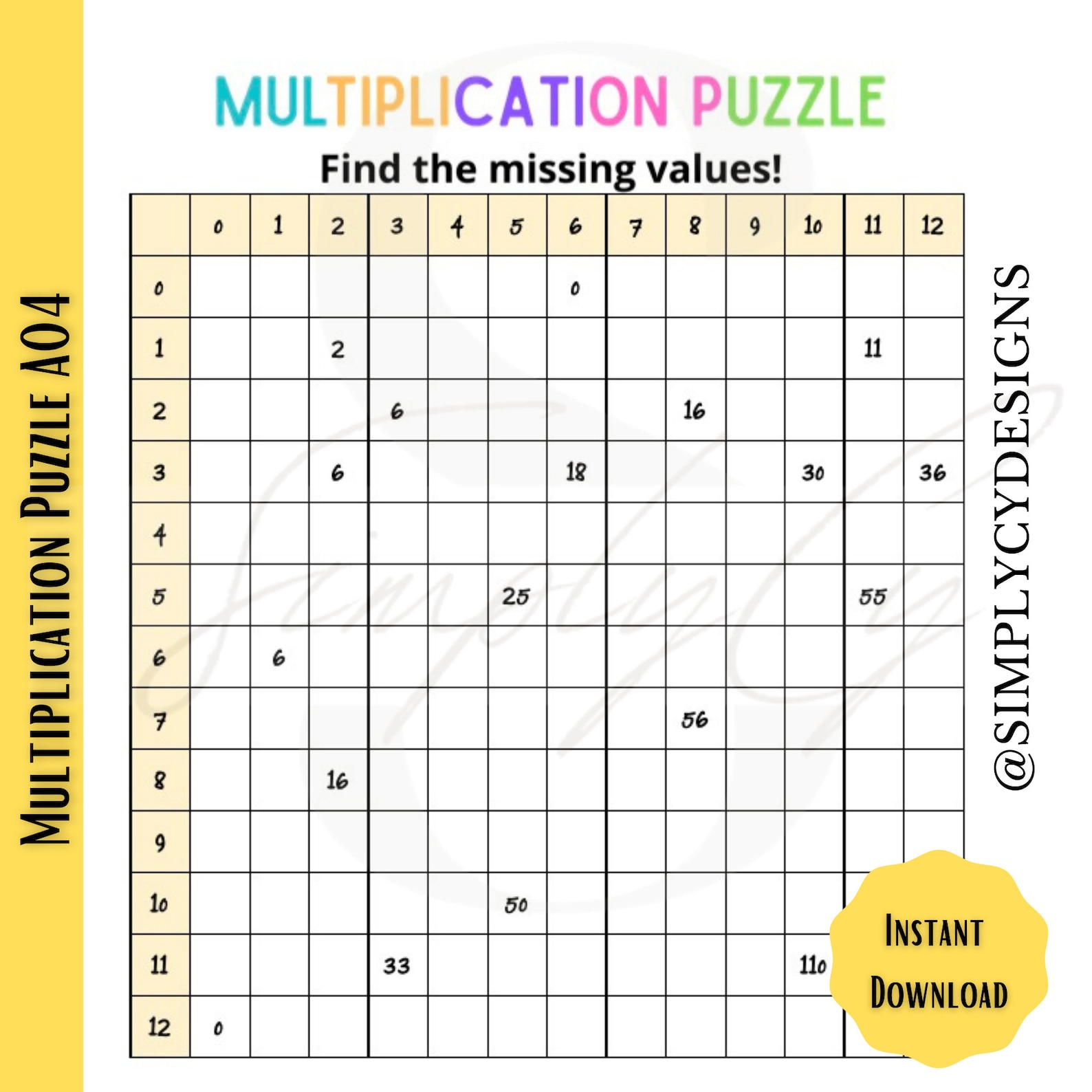 Multiplication Puzzle Printable Game, Homeschool Math Aid, Learning Aid