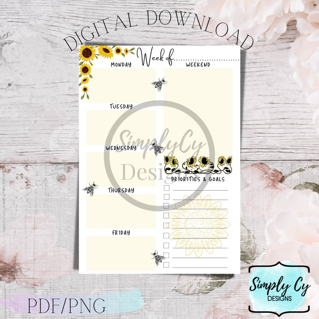 Sunflower Weekly Printable Planner Sheet, Bees and Sunflowers Planner