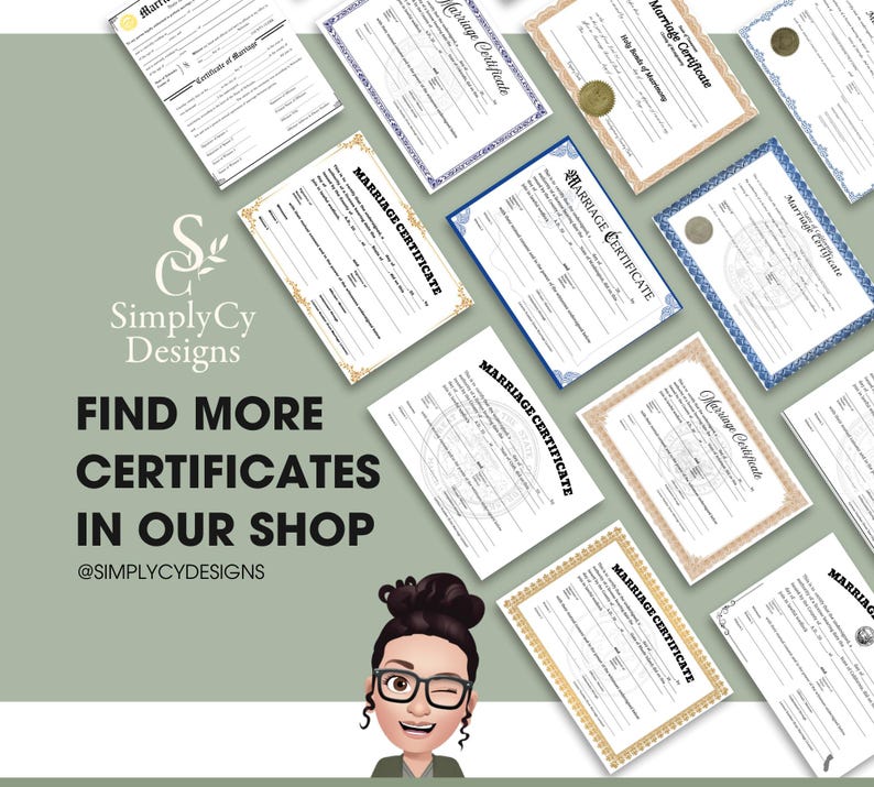 Variety of printable marriage certificates including California template by SimplyCyDesigns, editable Canva templates available for instant download, perfect for weddings, vow renewals, or gag gifts