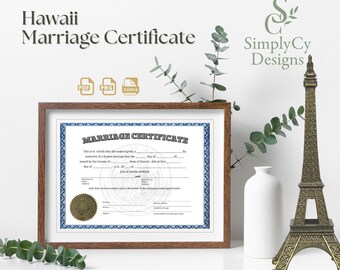ハワイの結婚証明書、トロピカルな記念品、編集可能なCanvaテンプレート（デジタルダウンロード）
