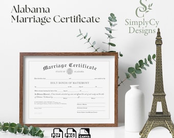 アラバマ州の結婚証明書テンプレート | 公証人セクション | 印刷可能なPDF、PNG、Canva | 偽の結婚許可証ジョークギフト | 記念品