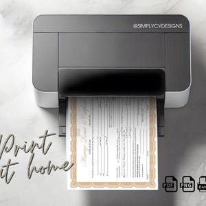 Printable Utah Marriage Certificate being printed at home, editable Canva template with tan border, available as instant download in PDF and PNG formats from SimplyCyDesigns.