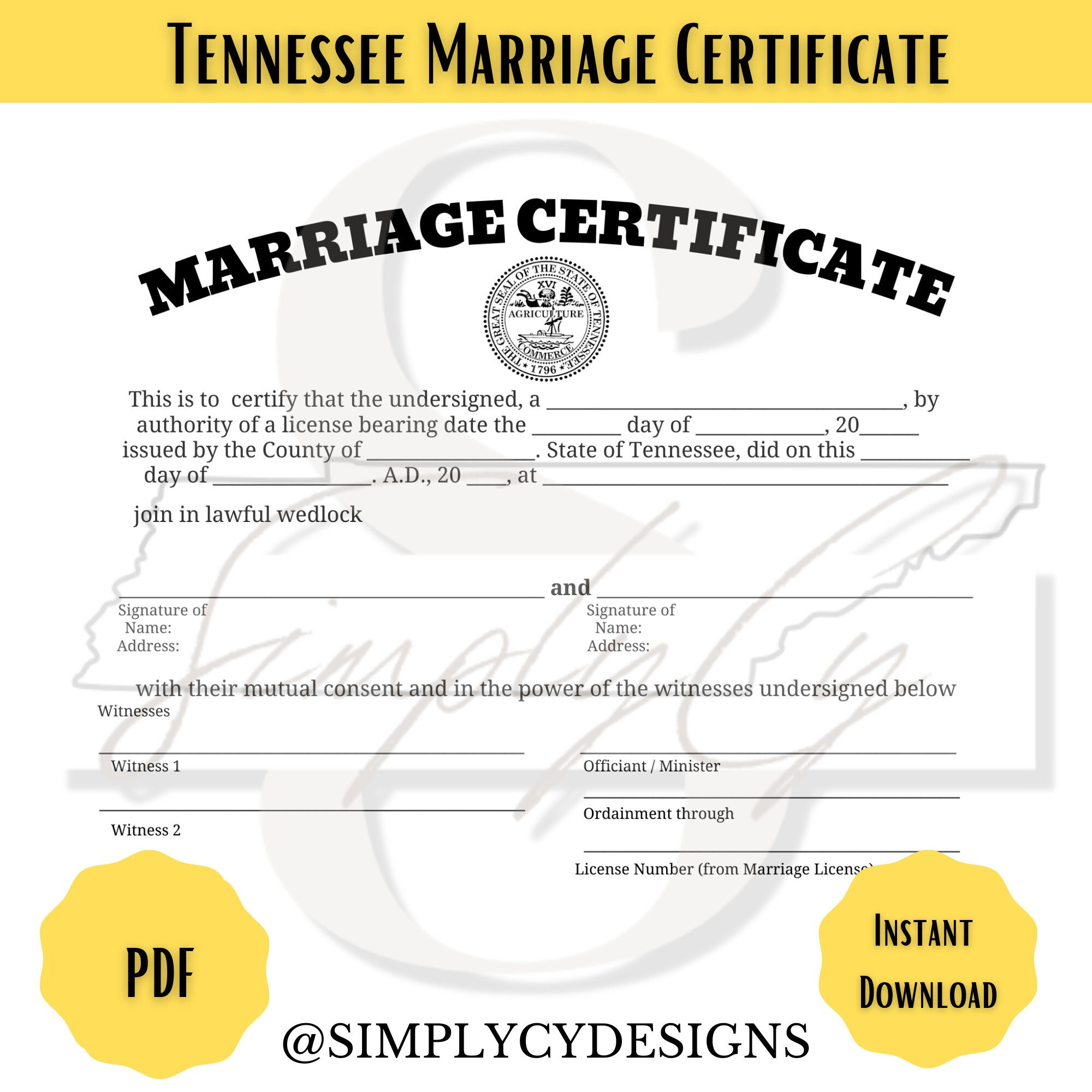 Tennessee Commemorative Marriage Certificate, Digital Download