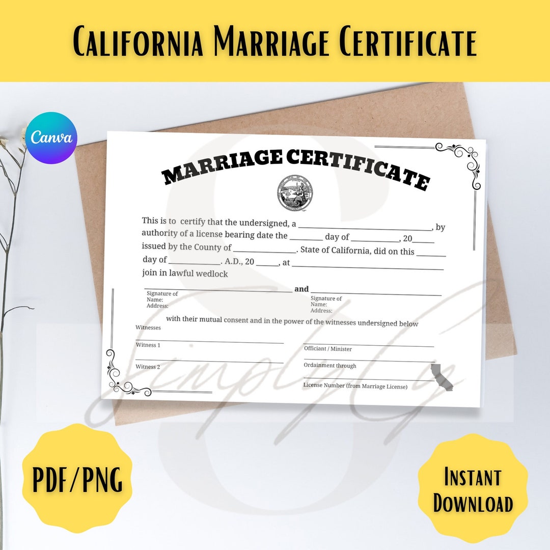 California Marriage Certificate Template Digital Download and BONUS California Marriage Certificate Template Digital Download and BONUS