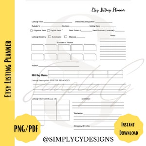Puede incluir: Un planificador de listado de Etsy imprimible en blanco y negro con secciones para el t&iacute;tulo del listado, la categor&iacute;a, la fecha de listado planificada, el precio del art&iacute;culo, el n&uacute;mero de art&iacute;culo, la renovaci&oacute;n del listado, el n&uacute;mero de fotos, el video, las palabras clave de SEO, la descripci&oacute;n del listado, las etiquetas del listado, los materiales, las variantes, el perfil de env&iacute;o y las notas.