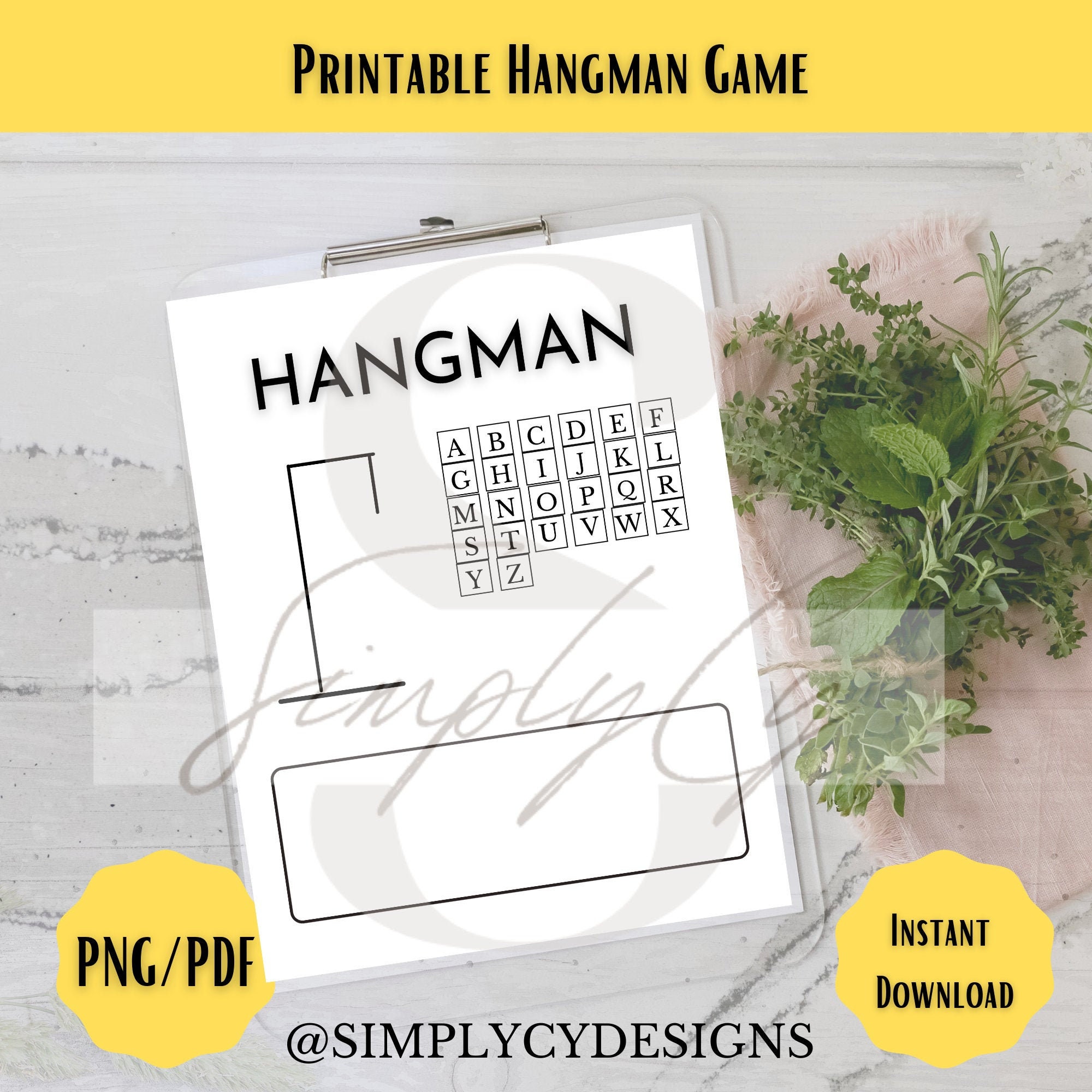 Printable Hangman Game | Hangman Printable PDF | Instant Download | KID3