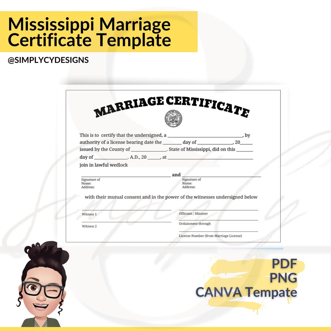 Mississippi Wedding Certificate With State Seal - Basic Blank ...