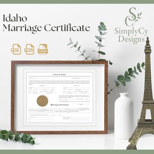 Szablon certyfikatu małżeństwa ze złotą pieczęcią Idaho – do wydrukowania licencja małżeńska, pamiątka lub prezent żartobliwy, edytowalny Canva, PDF i PNG do pobrania