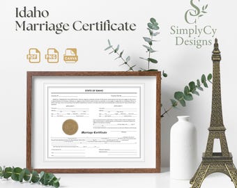 アイダホ州ゴールドシール結婚証明書テンプレート – 印刷可能な結婚許可証、記念品、ジョークギフト、編集可能なCanva、PDFとPNGダウンロード