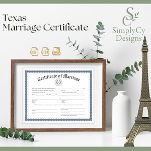Certificado de matrimonio de Texas imprimible: recuerdo de boda editable con sello estatal, borde azul, plantilla de Canva, descarga PNG y PDF