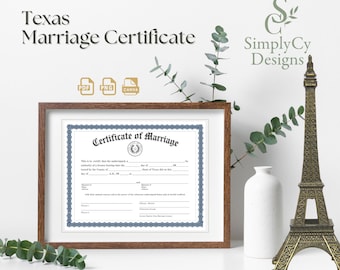 Certificado de matrimonio de Texas imprimible: recuerdo de boda editable con sello estatal, borde azul, plantilla de Canva, descarga PNG y PDF