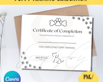 子犬の卒業証明書 - 印刷可能な PDF、CANVA テンプレートの子犬の証明書、編集可能な子犬の卒業証明書