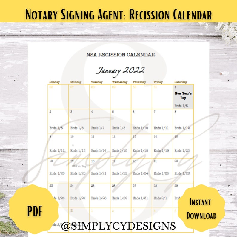 Printable 2022 Rescission Calendar Notary Signing Agent | Etsy