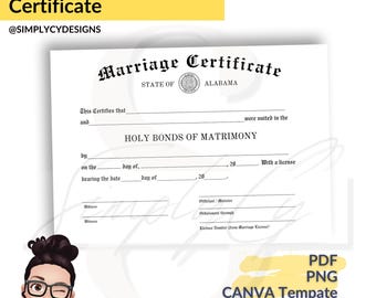 アラバマ州の結婚証明書 | 編集可能な Canva テンプレート | PDF および PNG のダウンロード"