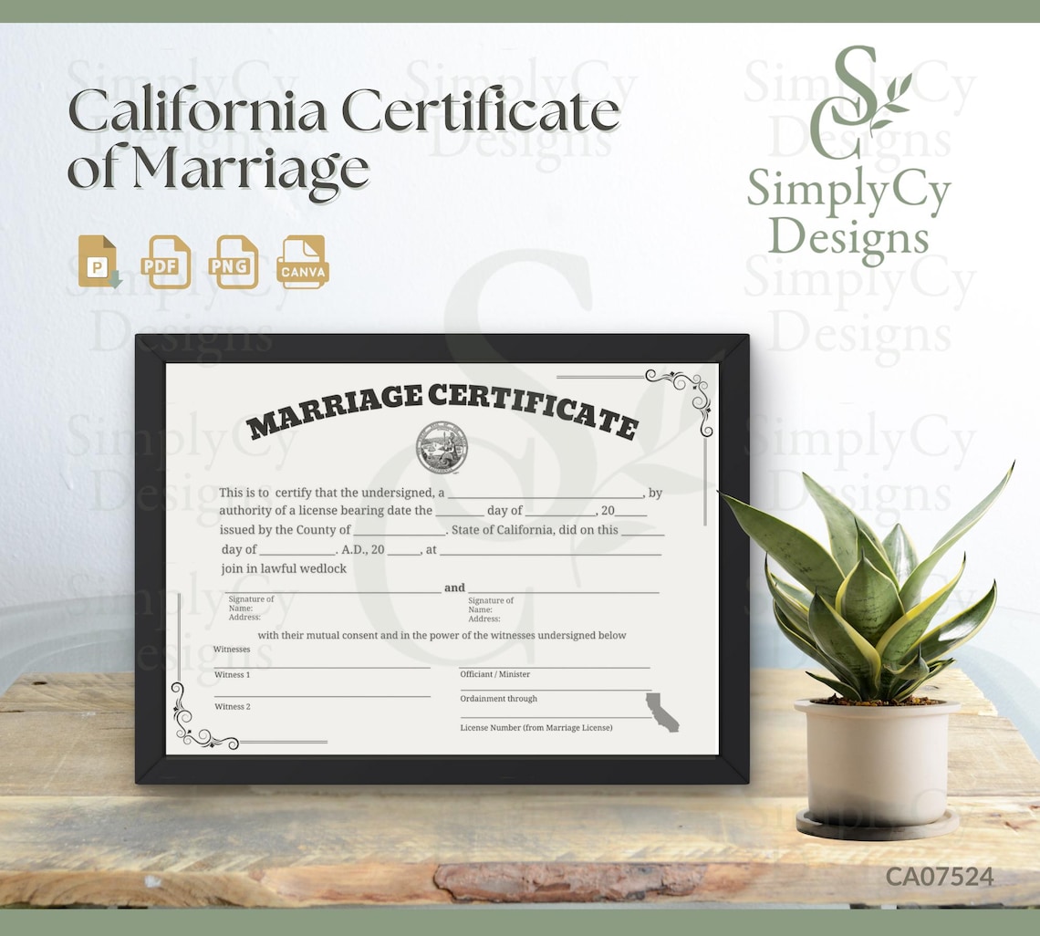 California Marriage Certificate Template Digital Download and BONUS