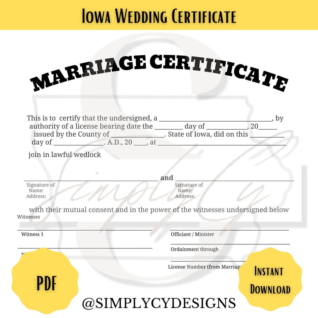 Iowa Commemorative Marriage Certificate, Digital Download, Iowa Wedding