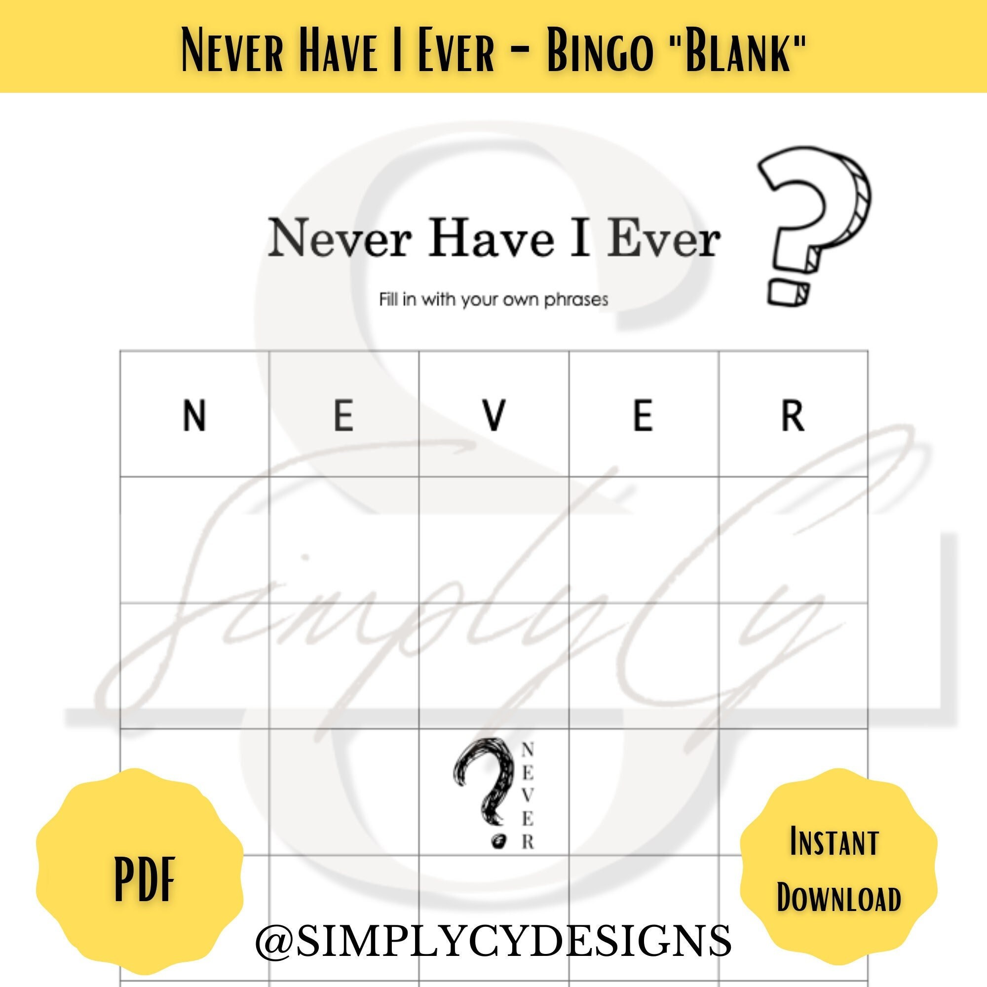 Never Have I Ever Bingo Card, Blank Bingo Card, Never Have I Ever Bingo ...