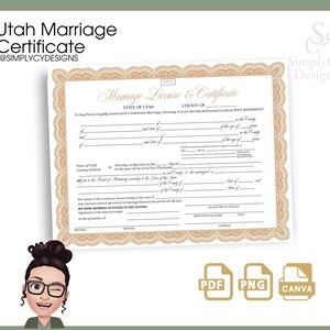 Printable Utah Marriage Certificate Template with decorative border, editable Canva template for weddings or vow renewals, instant download PDF and PNG from SimplyCyDesigns.