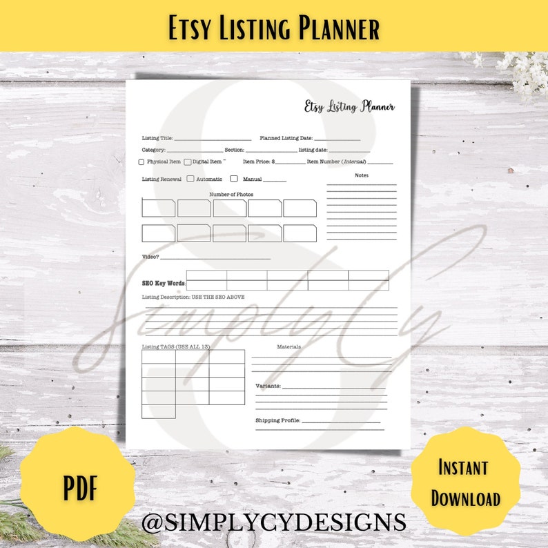 Puede incluir: Un planificador de listado de Etsy imprimible con secciones para el t&iacute;tulo del listado, la categor&iacute;a, la fecha de listado planificada, la fecha de listado, el art&iacute;culo f&iacute;sico o digital, el precio del art&iacute;culo, el n&uacute;mero de art&iacute;culo, la renovaci&oacute;n del listado, la renovaci&oacute;n autom&aacute;tica o manual, el video, el n&uacute;mero de fotos, las palabras clave SEO, la descripci&oacute;n del listado, las etiquetas del listado, los materiales, las variantes y el perfil de env&iacute;o.