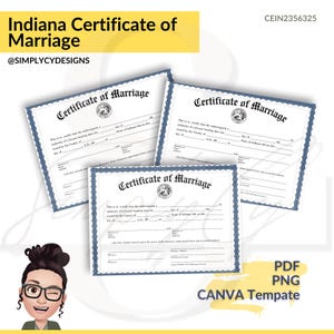 Indiana Marriage Certificate Printable – Personalizowana pamiątka małżeńska z pieczęcią państwową, niebieską ramką, szablon Canva, PNG i PDF do pobrania