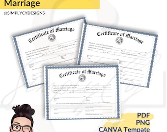 インディアナ州の結婚証明書の印刷可能 – 州の印章、青い枠線、Canva テンプレート、PNG および PDF のダウンロードによるカスタマイズ可能な結婚記念品