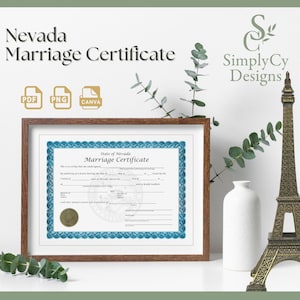 Certificat de mariage Nevada - Licence de mariage imprimable pour une fuite, un souvenir ou un cadeau de farce - Modèle dentelle bleue et sceau doré