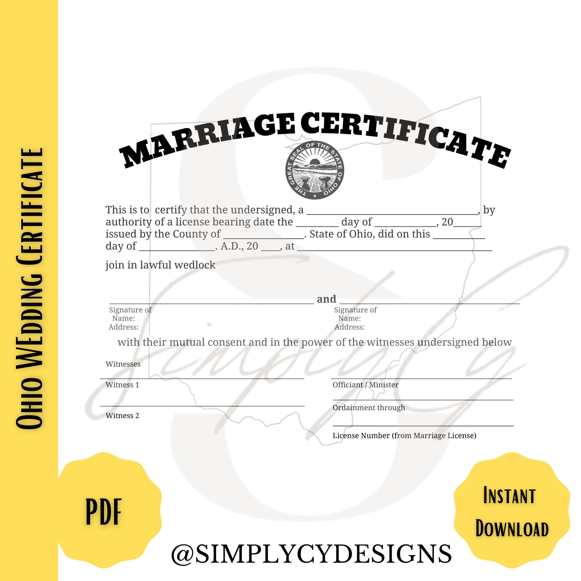 Ohio Commemorative Marriage Certificate Digital Download Ohio Wedding