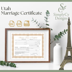 Utah Marriage License, Digital Download, Utah Wedding Certificate, Printable Certificate Digital Certificate, Gold Utah Marriage Certificate