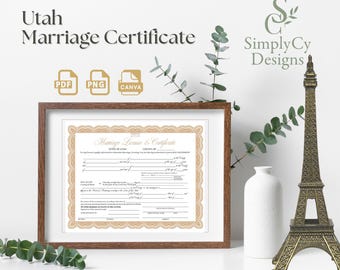 ユタ州結婚許可証、デジタルダウンロード、ユタ州結婚証明書、印刷可能な証明書デジタル証明書、ゴールドユタ州結婚証明書