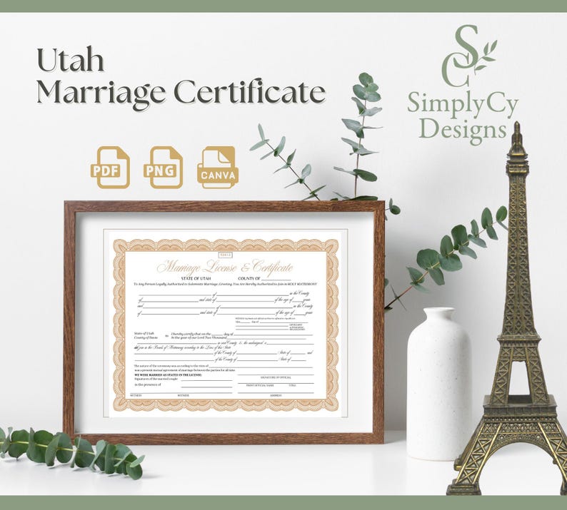 Editable Utah Marriage Certificate Template with tan border, printable Canva design, perfect wedding keepsake or vow renewal gift, available as instant download PDF and PNG from SimplyCyDesigns.