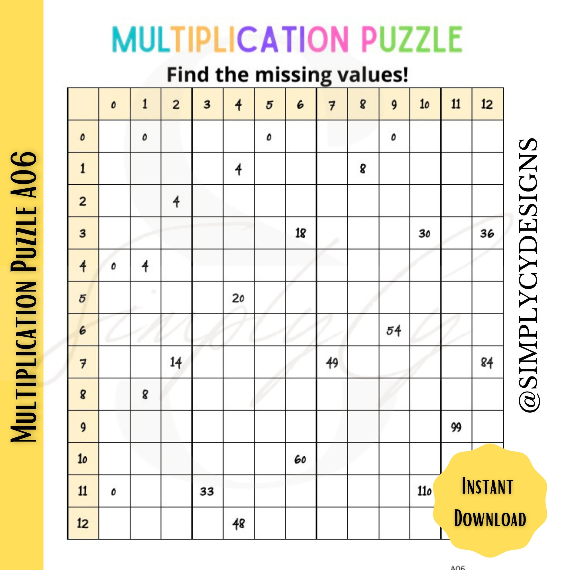 Multiplication Problem Puzzle Multiplication Puzzle Printable Game, Homeschool Math Aid, Learning Aid ...
