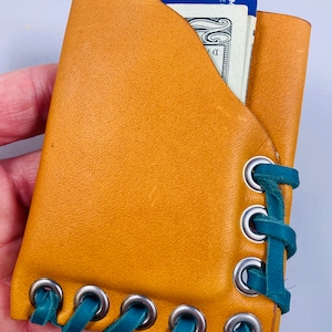 Cartera de cuero hecha a mano / cuero de guante de béisbol Horween MLB / cordones de guantes de béisbol