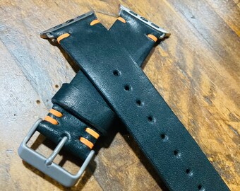 Black Horween leather watch strap | black leather watch band | custom Apple watch band | 16, 18, 20, 22, 24mm | Handmade Apple Watch