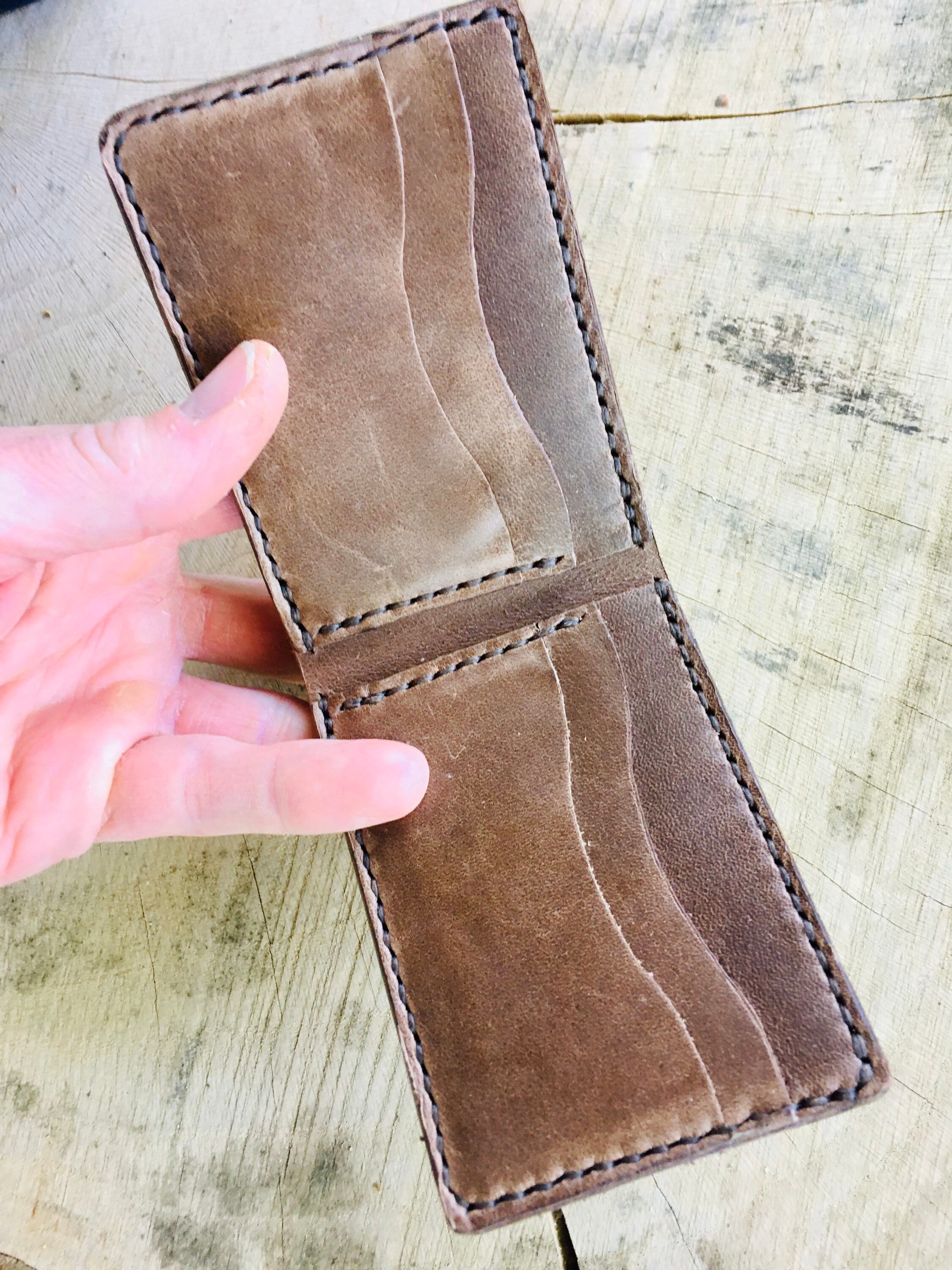 Money Clip Wallet in distressed brown leather, minimal stitch wallet