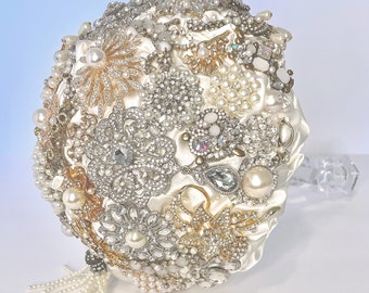 Gorgeous Luxury Unique Wedding Brooch Bouquet 'SIMPLY LOVE' White, Silver, Gold, Satin, Pearls, Rhinestone florals, Glass Candlestick Holder