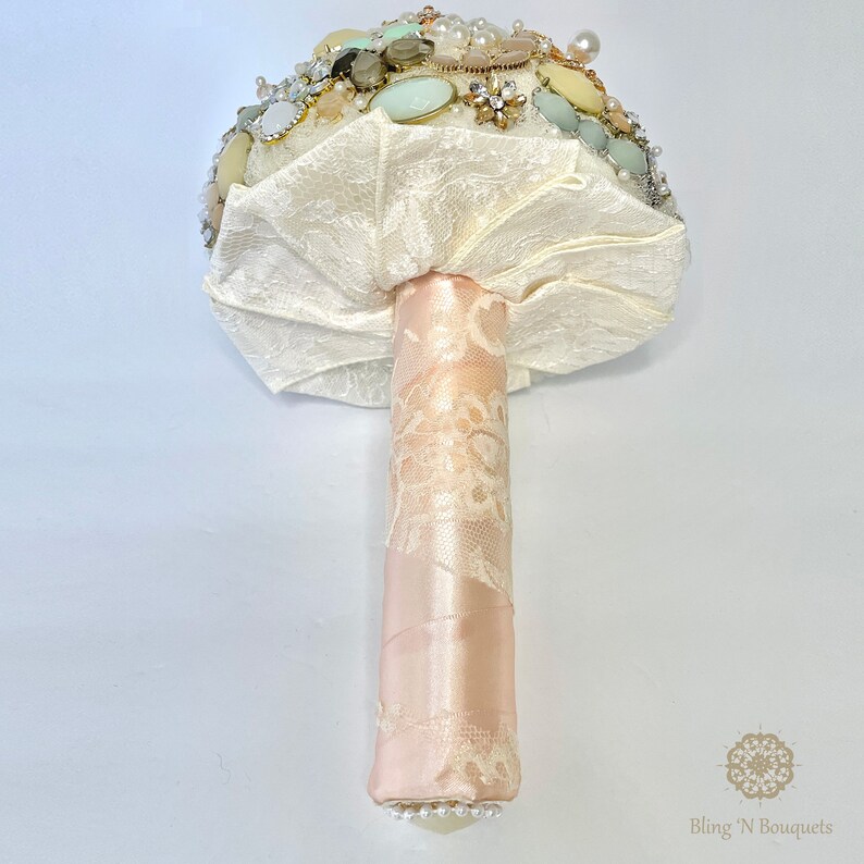 Brooch Bouquet wedding bridal 'Coastal Sunset' unique unconventional non-traditional pink rose gold ivory champagne pistachio green pearls image 6