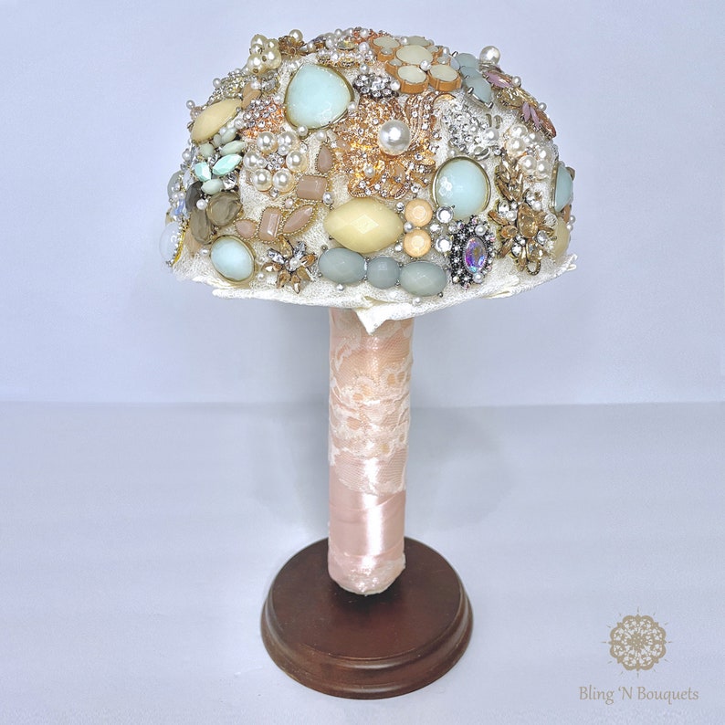 Brooch Bouquet wedding bridal 'Coastal Sunset' unique unconventional non-traditional pink rose gold ivory champagne pistachio green pearls image 3