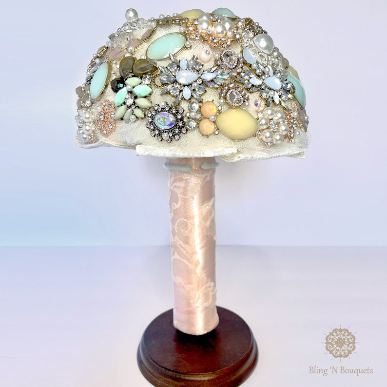 Brooch Bouquet wedding bridal 'Coastal Sunset' unique unconventional non-traditional pink rose gold ivory champagne pistachio green pearls image 2