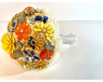 Wedding Brooch Bouquet 'SPRING BLOOM' Peach Navy Blue Yellow Ivory Florals with glass vase handle