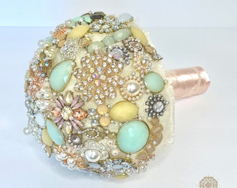 Brooch Bouquet wedding bridal 'Coastal Sunset' unique unconventional non-traditional pink rose gold ivory champagne pistachio green pearls