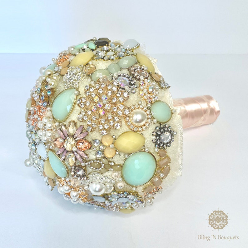 Brooch Bouquet wedding bridal 'Coastal Sunset' unique unconventional non-traditional pink rose gold ivory champagne pistachio green pearls image 1