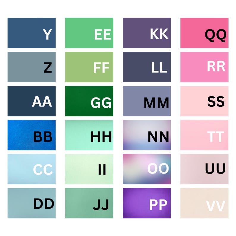 May include: A grid of 24 color swatches, each with a unique color and a two-letter white text label. Colors include shades of blue, green, purple, pink, and neutral tones. The swatches are arranged in a rectangular format.