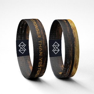 Puede incluir: Dos pulseras negras y marrones con el texto "STRONGER THAN YESTERDAY" en dorado. Cada pulsera presenta un parche azul oscuro con un diseño geométrico blanco. Las pulseras tienen un aspecto de madera envejecida.