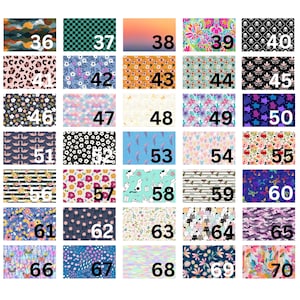May include: A collection of fabric swatches with various patterns and designs. The swatches include floral, animal print, geometric, and abstract patterns. Each swatch is labeled with a number from 36 to 70.