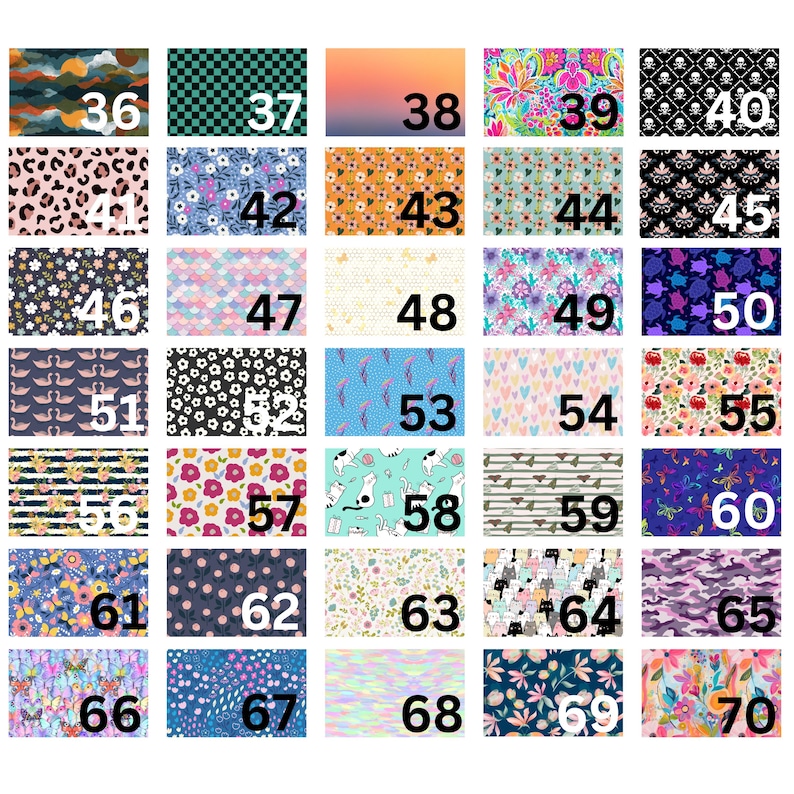 May include: A collection of fabric swatches with various patterns and designs. The swatches include floral, animal print, geometric, and abstract patterns. Each swatch is labeled with a number from 36 to 70.