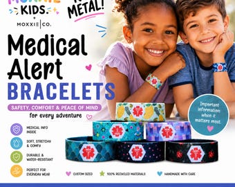 Kids Medical EMERGENCY Alert Bracelet Wristband Non-Silicone, Fun Designs, fabric elastic bracelets