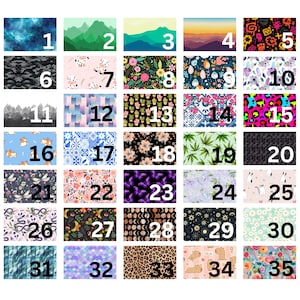 May include: A collection of 35 patterned fabric swatches. Designs include landscapes, floral, animal prints, geometric patterns, and celestial themes. Each swatch is numbered for easy identification, offering a variety of textures and colors.