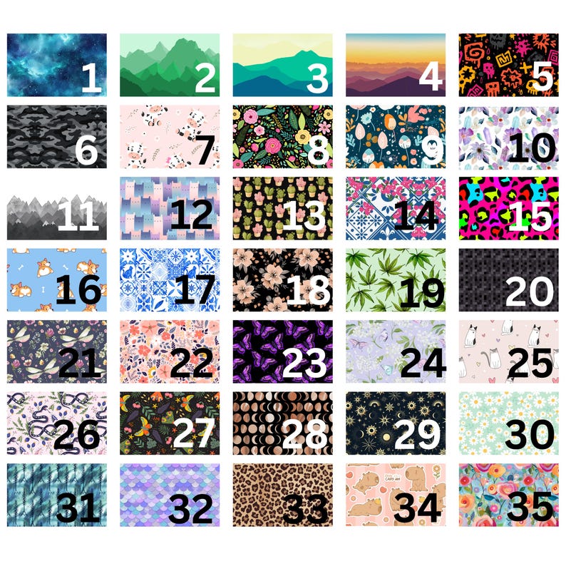 May include: A collection of 35 patterned fabric swatches. Designs include landscapes, floral, animal prints, geometric patterns, and celestial themes. Each swatch is numbered for easy identification, offering a variety of textures and colors.
